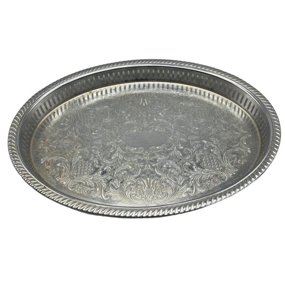 unknown Other - tray serving decor engraved oval metal lip edge floral shine made USA READ